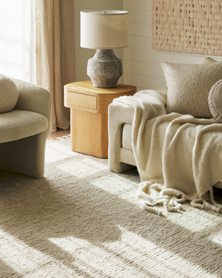 A plush grey wool rug in a sunny living room