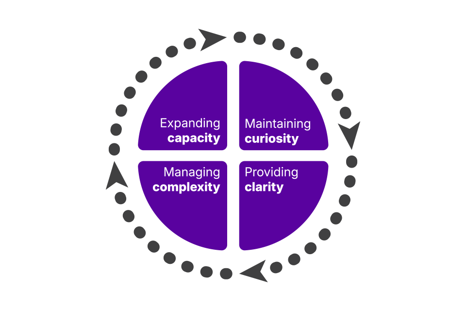 The 4 capabilities shown as 4 separate sections in a circle. Capability 1 is maintaining curiosity, capability 2 is providing clarity, capability 3 is managing complexity and capability 4 is expanding capacity.