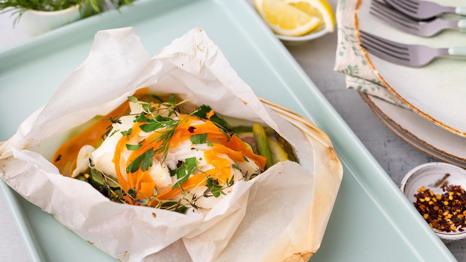 Cod with Spring Vegetables En Papillote
