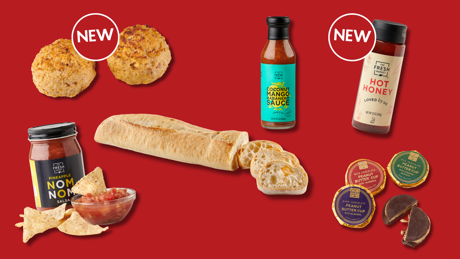 Aug 22 Tasting Event Items: NEW! Thai Coconut Crab Cakes, The Fresh Market Mango Coconut Habanero Sauce, The Fresh Market Pineapple Nom Nom Salsa, Rustic French Batard, NEW! The Fresh Market Hot Honey, and The Fresh Market Peanut Butter Cups