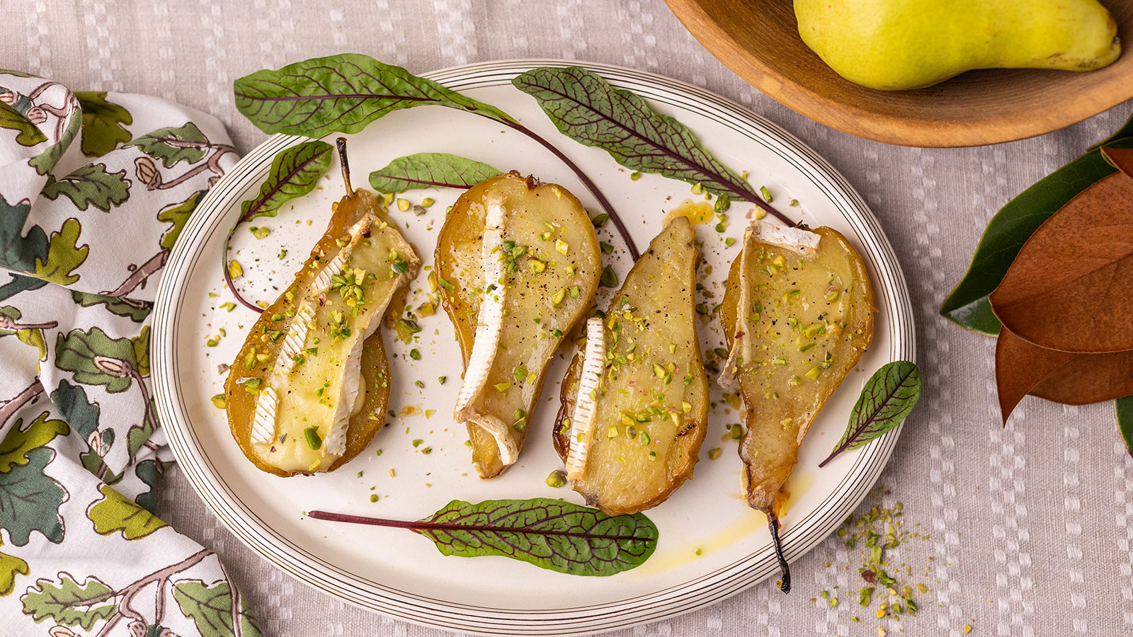 Mustard Roasted Pears with Brie and Pistachio