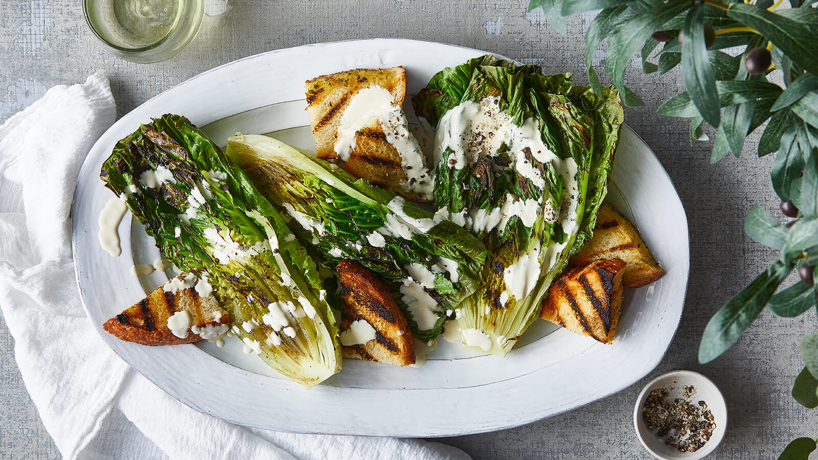 Grilled Romaine Salad with Garlic Croutons