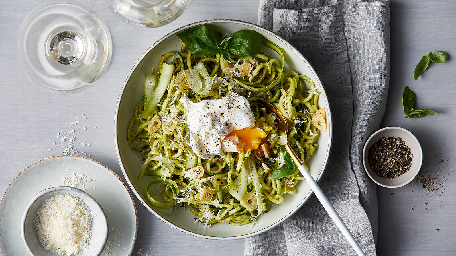 Zucchini Noodles with Pesto and Poached Egg