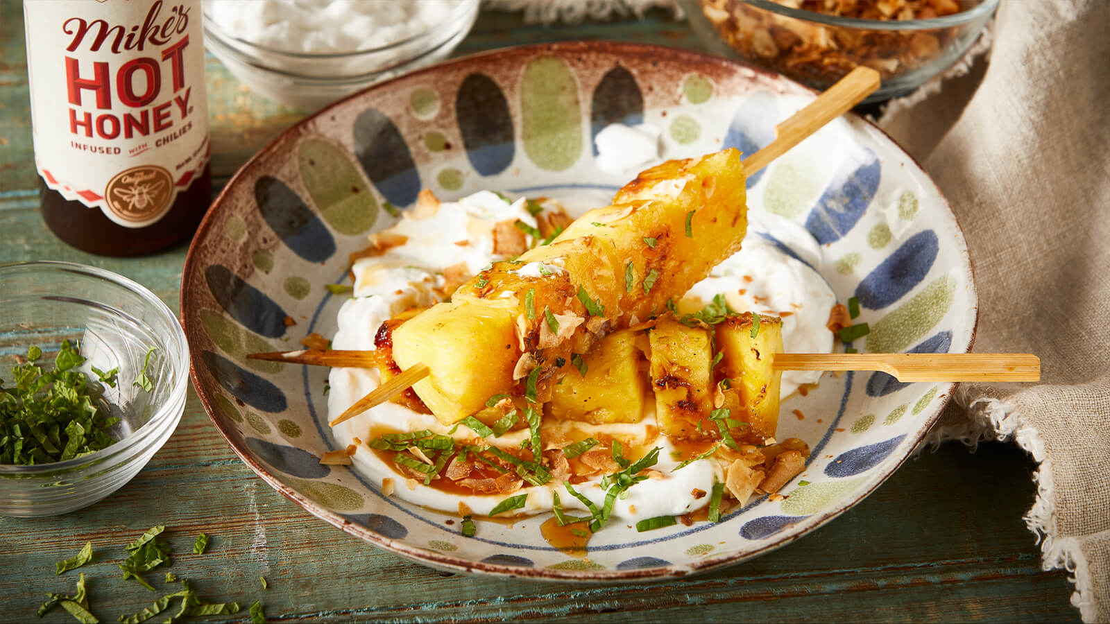 Grilled Pineapple Kabobs With Hot Honey Glaze and Coconut Yogurt