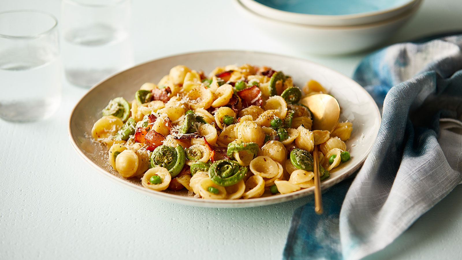 Spring Pasta Carbonara with Fiddleheads and Herbs