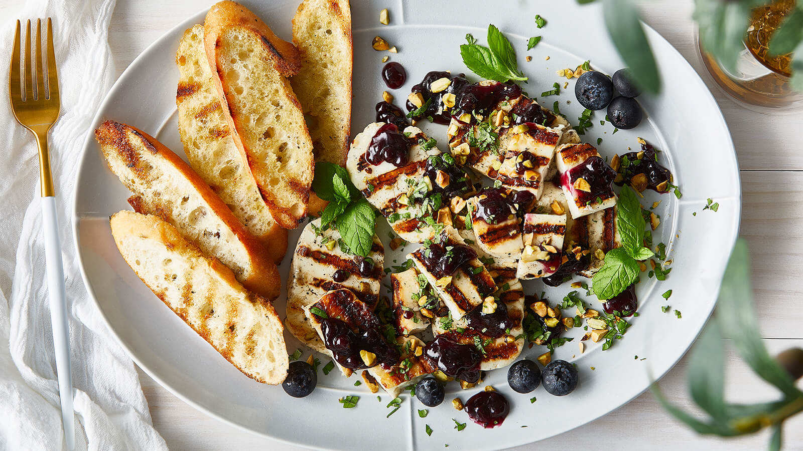 Grilled Halloumi with Blueberry, Mint and Pistachios