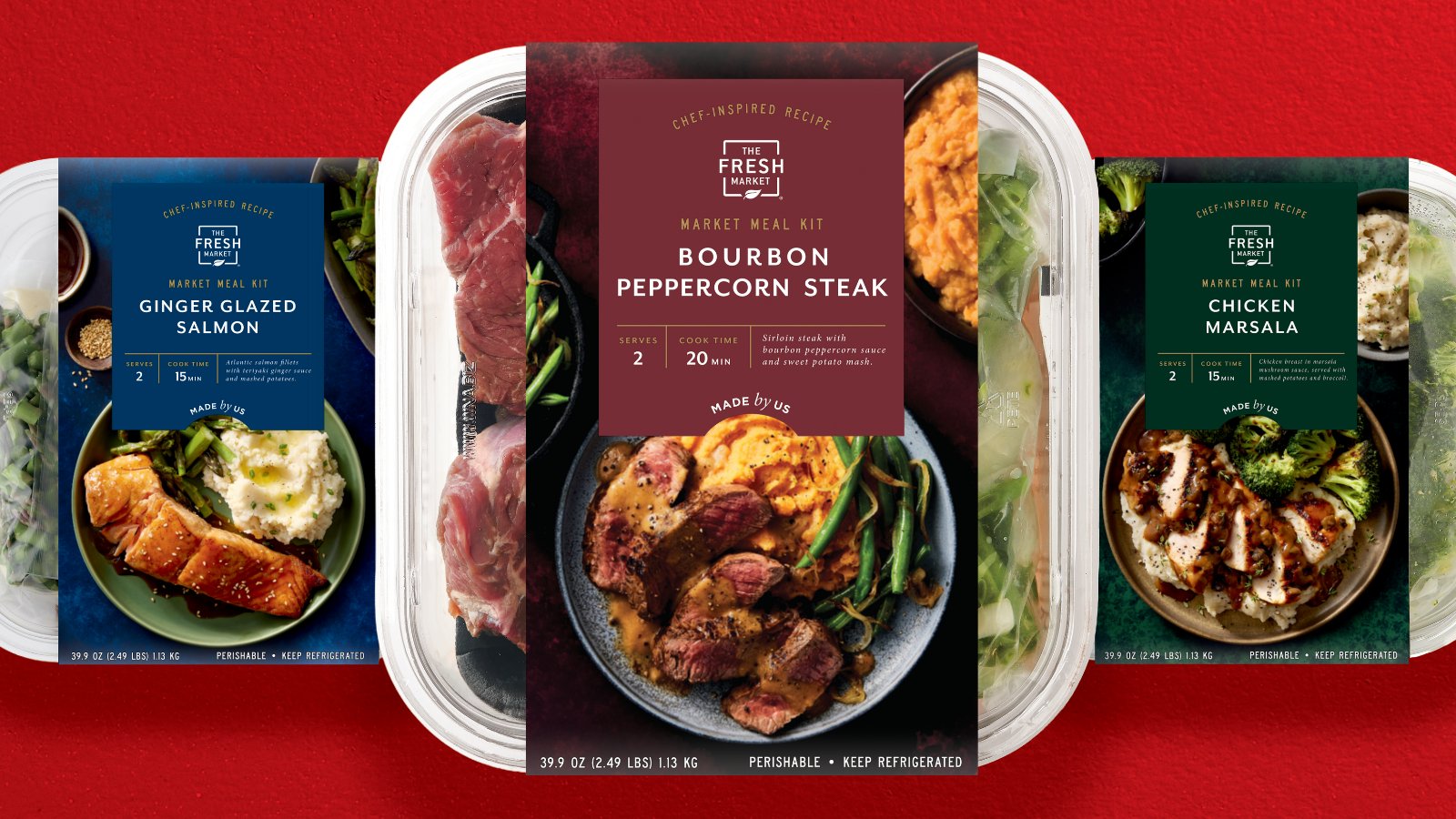 Featured Market Meal Kits in a row: Ginger Glazed Salmon, Bourbon Peppercorn Steak and Chicken Marsala