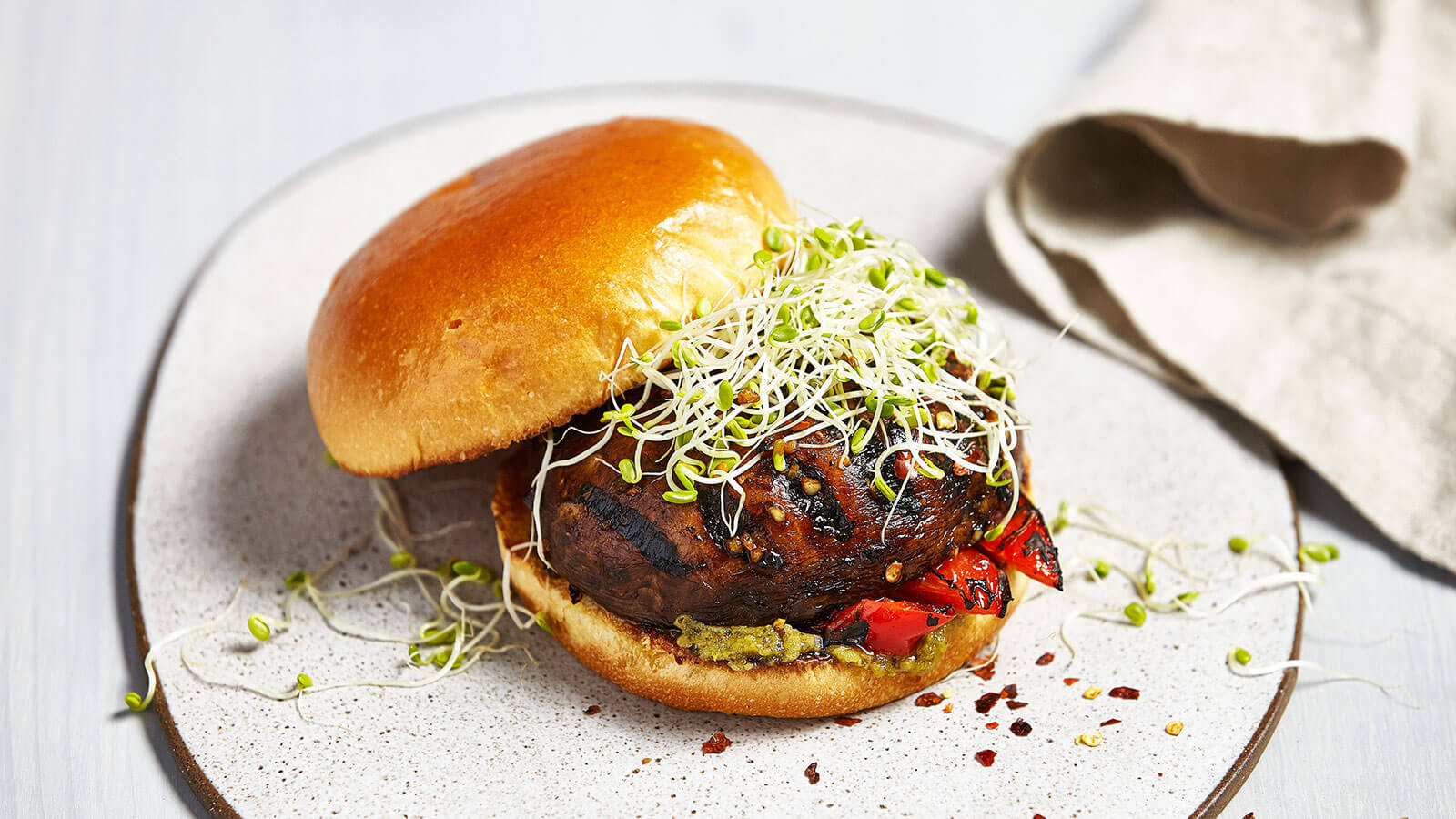 Portabella Burgers with Roasted Red Peppers and Pesto