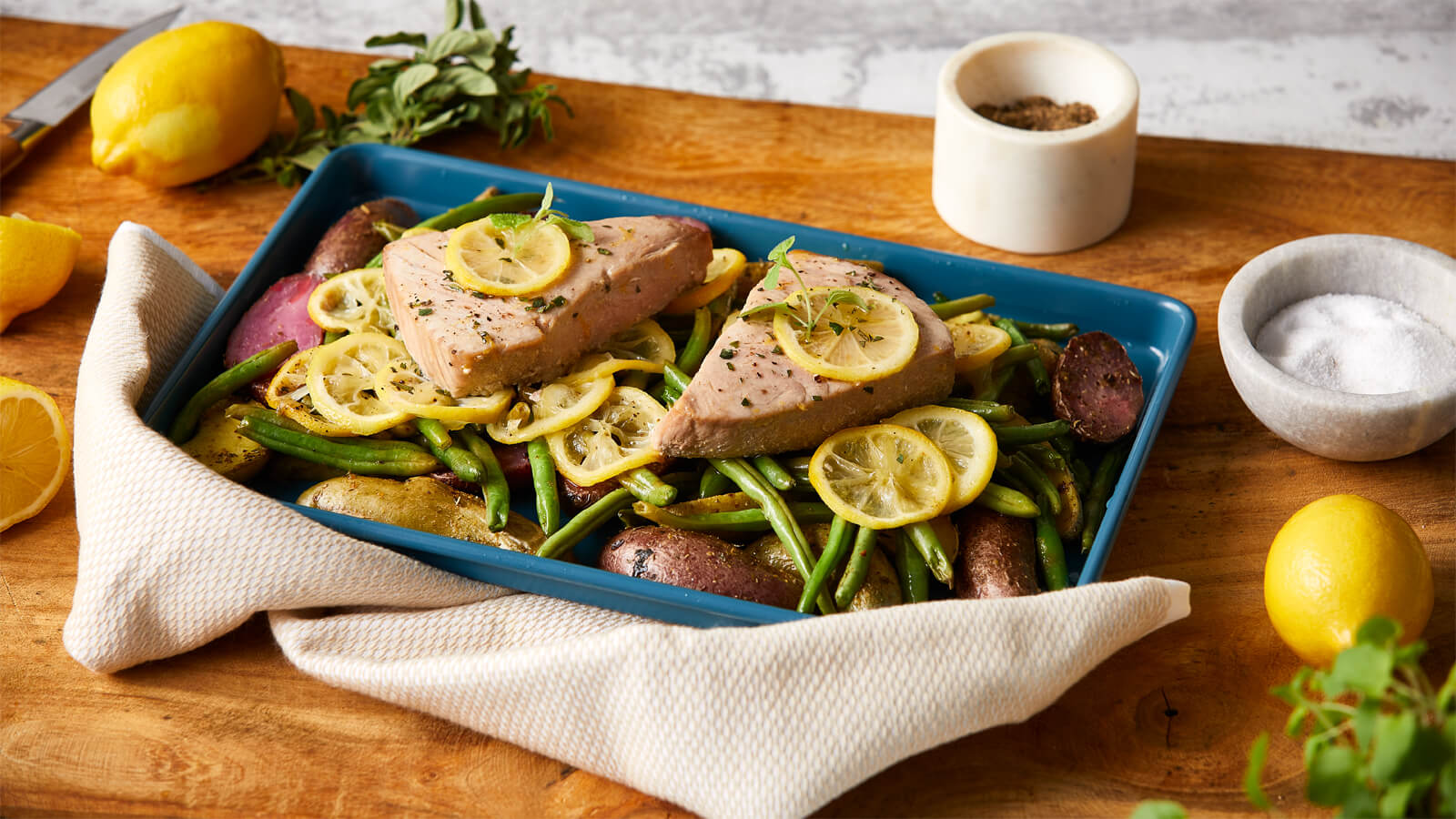 Lemon Roasted Tuna Steaks With Fingerling Potatoes and Green Beans