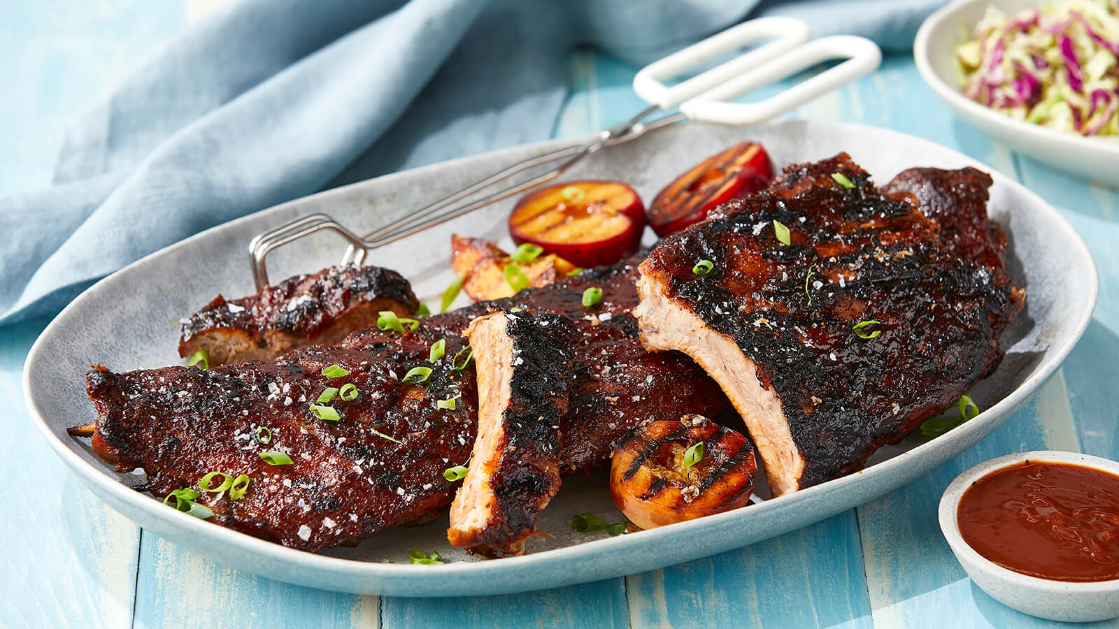 Grilled Baby Back Ribs and Stone Fruit with Smoky Bourbon BBQ Sauce 
