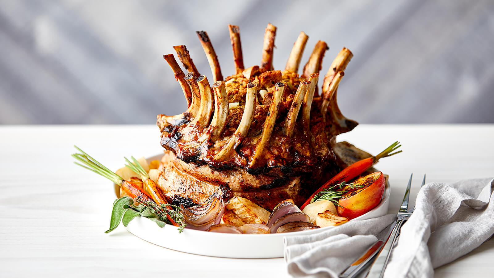 Stuffed Pork Crown Roast with Apple and Chestnut Stuffing