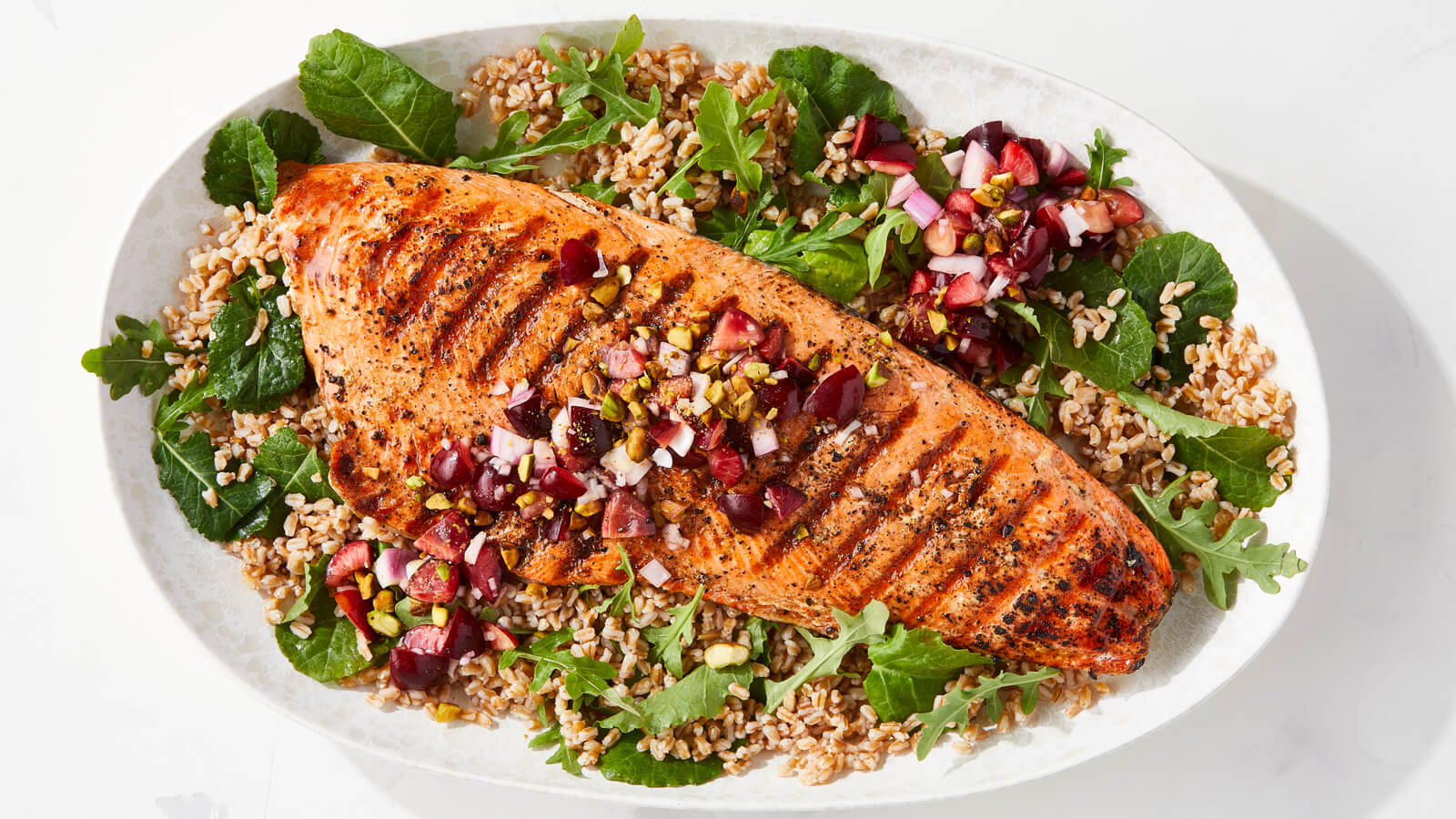 Salmon with Cherries, Farro and Arugula