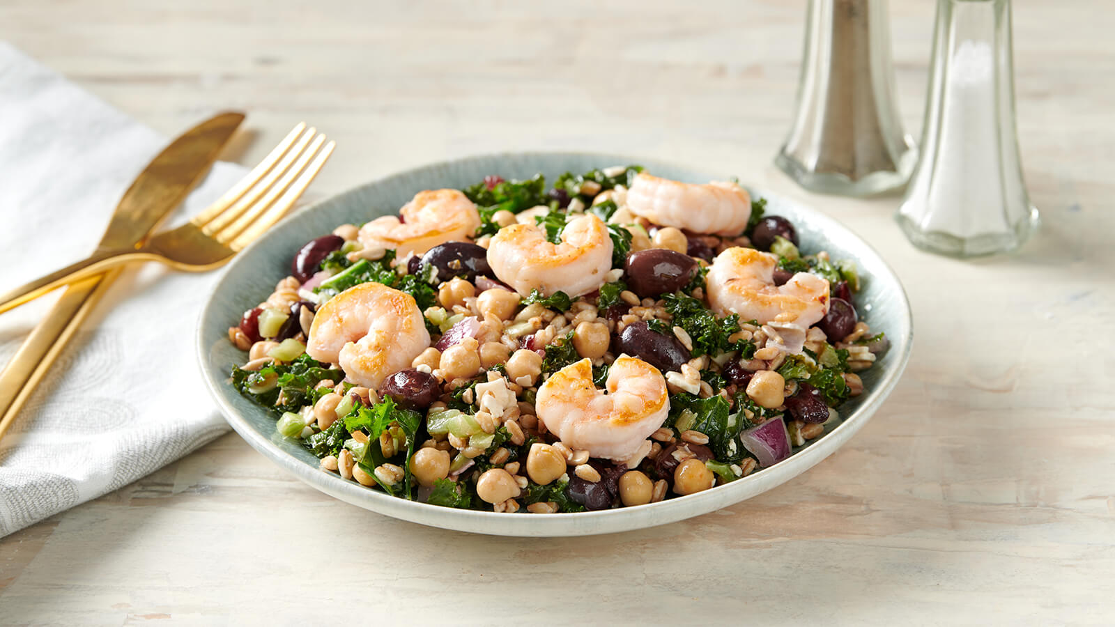 Greek Farro and Chick Pea Salad with shrimp