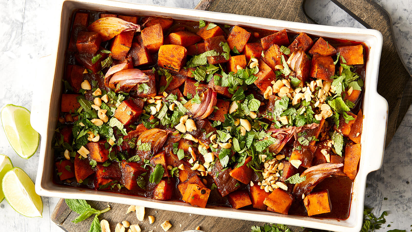 Red Curry Sweet Potatoes with Crushed Peanuts, Lime and Mint