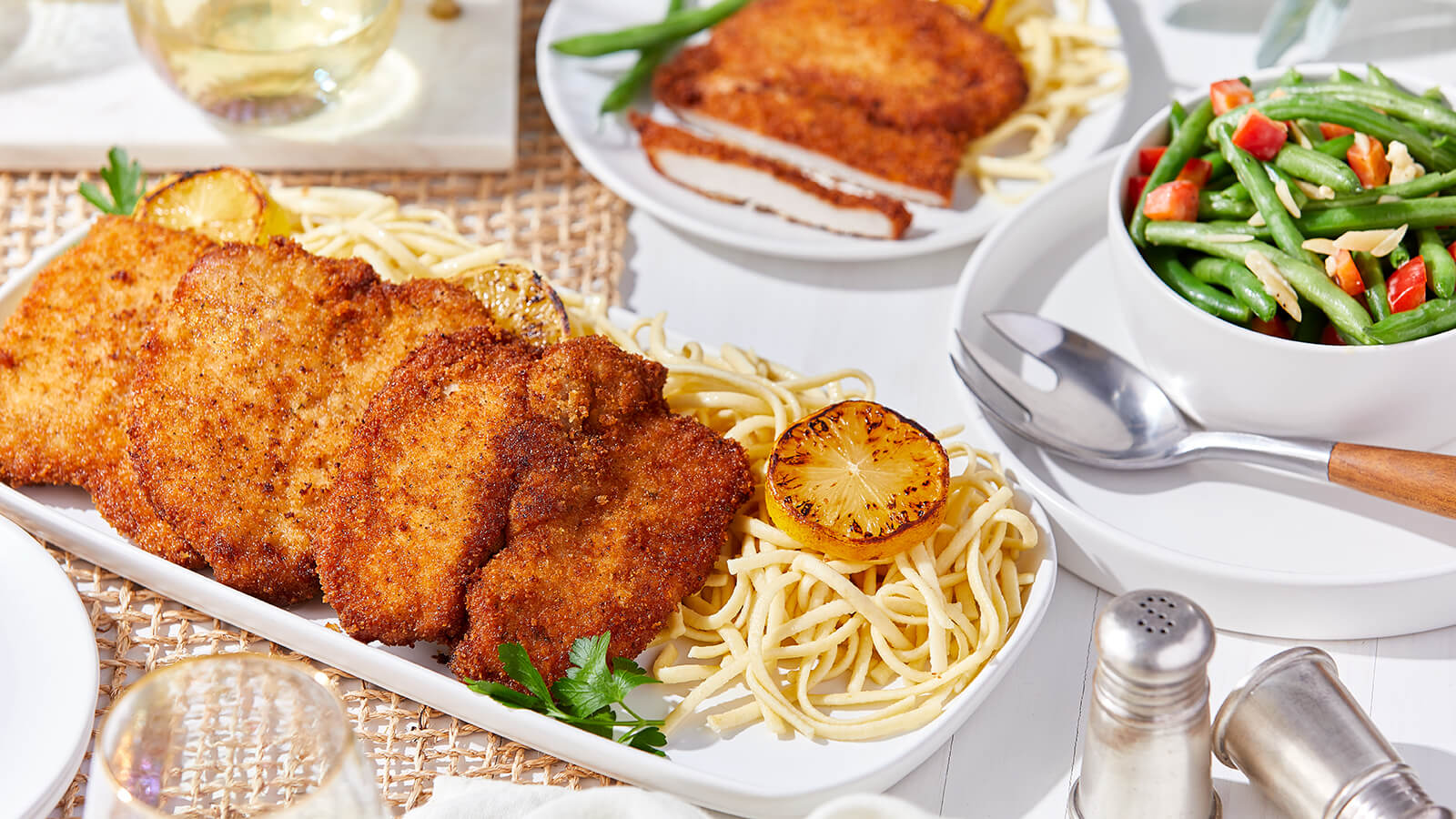 Pork Schnitzel with Spaetzle and Green Bean Almondine