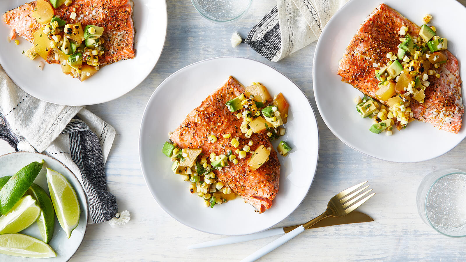 Blackened Wild Salmon with Grilled Corn, Peach and Avocado Salsa