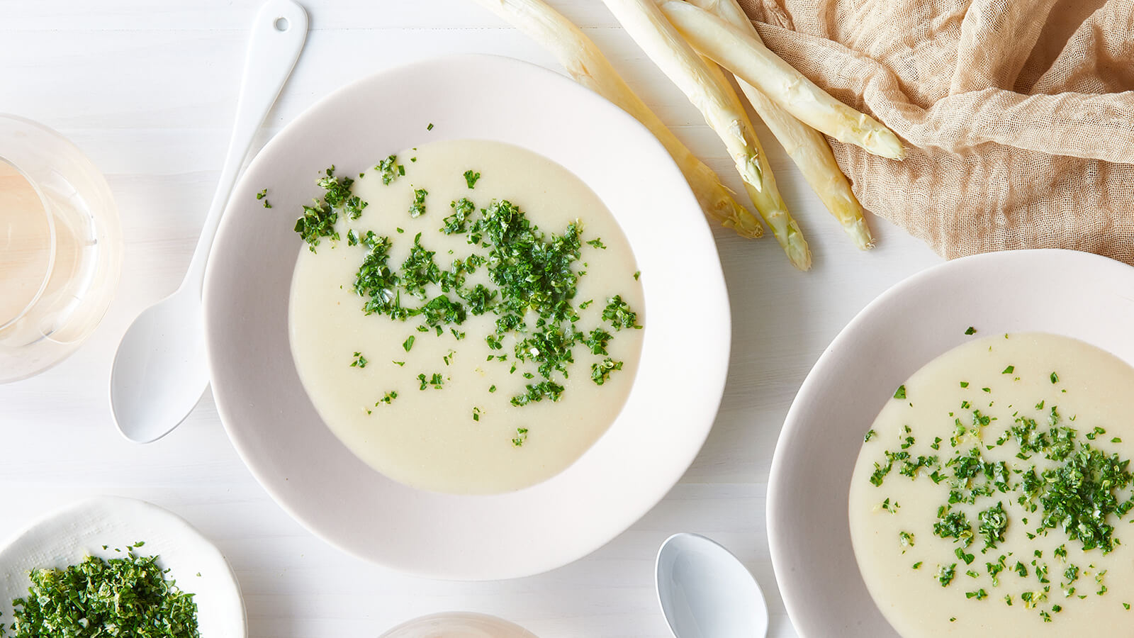 White Asparagus & Potato Soup with Herb Gremolata