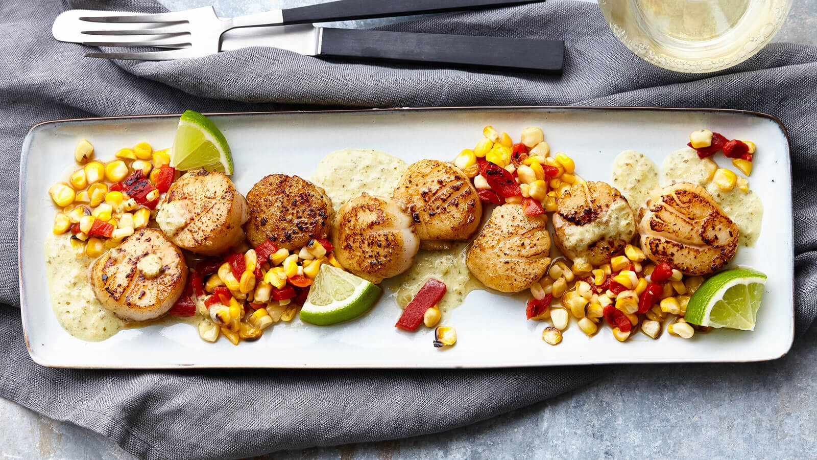 Pan Fried Scallops with Roasted Corn & Hatch Chile Cream Sauce
