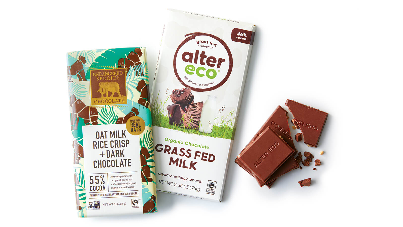 Endangered Species Oat Milk Chocolate Bars and Alter Eco Grass Fed Milk Bars