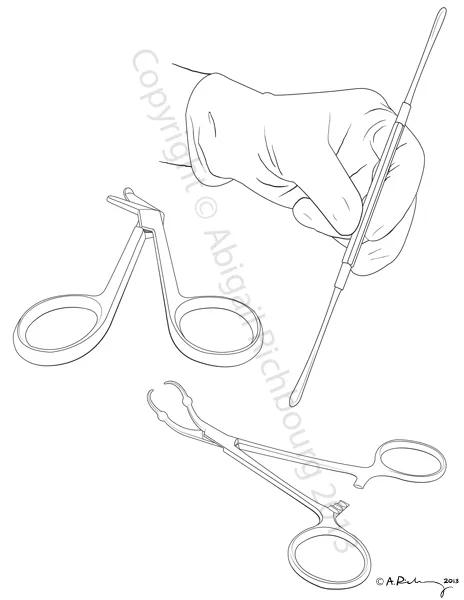 Line illustration of instruments commonly used in surgery. 