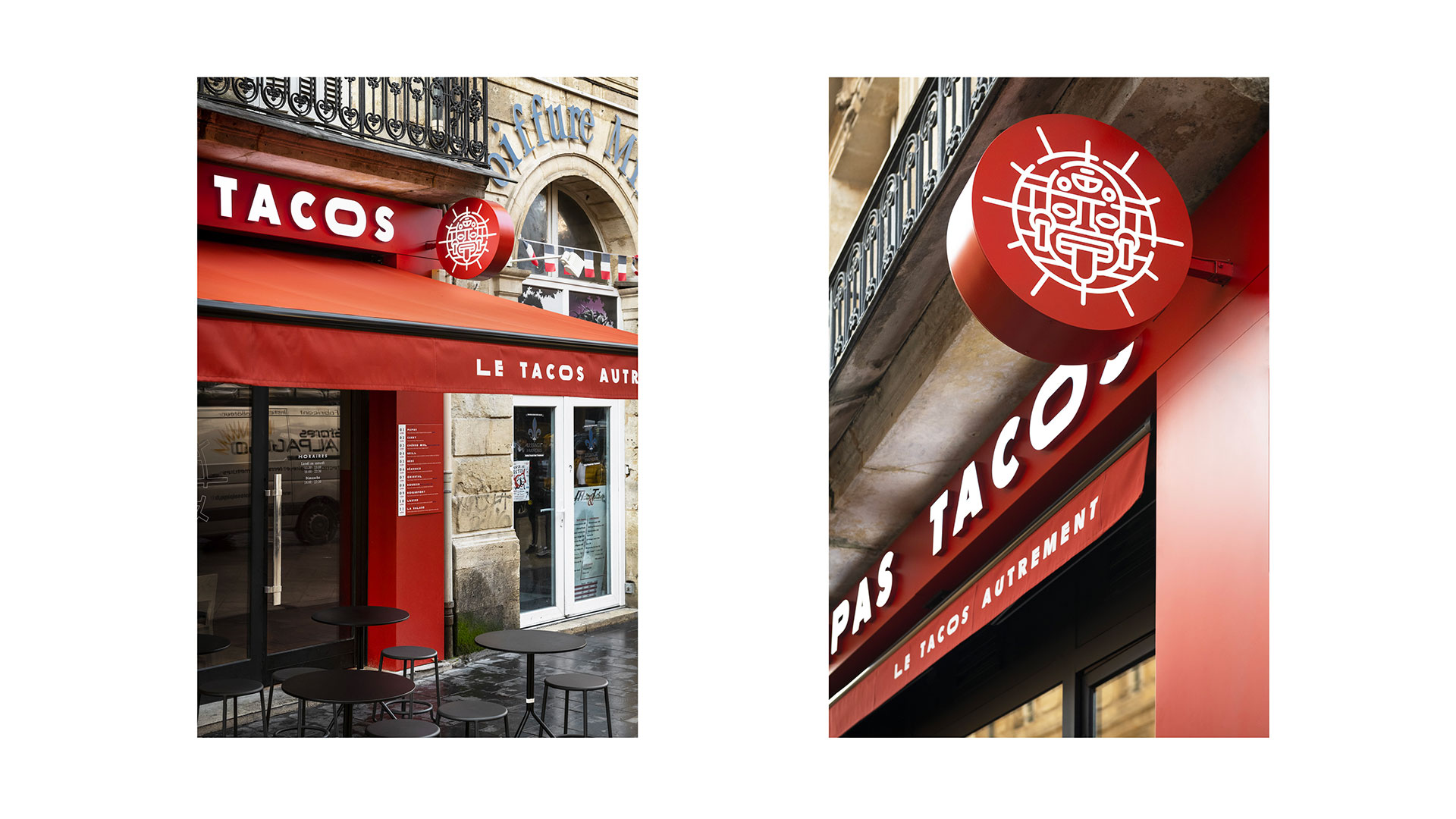 Papas Tacos - restaurant - Bordeaux - identity - neon sign - flag sign - facade - blind