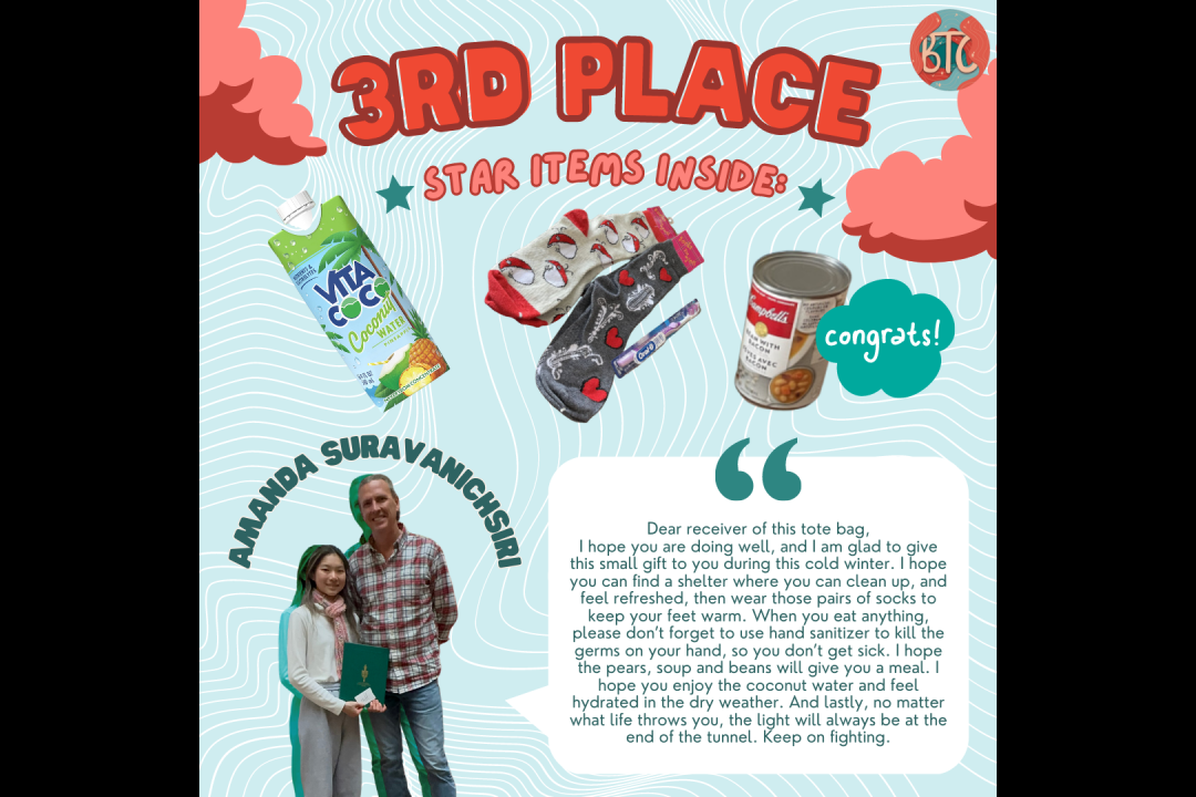 Amanda won the 3rd place prize for the 2023 Tote Bag Competition. The image includes some of the food, clothing and hygiene items in her package alongside the personal note she wrote!