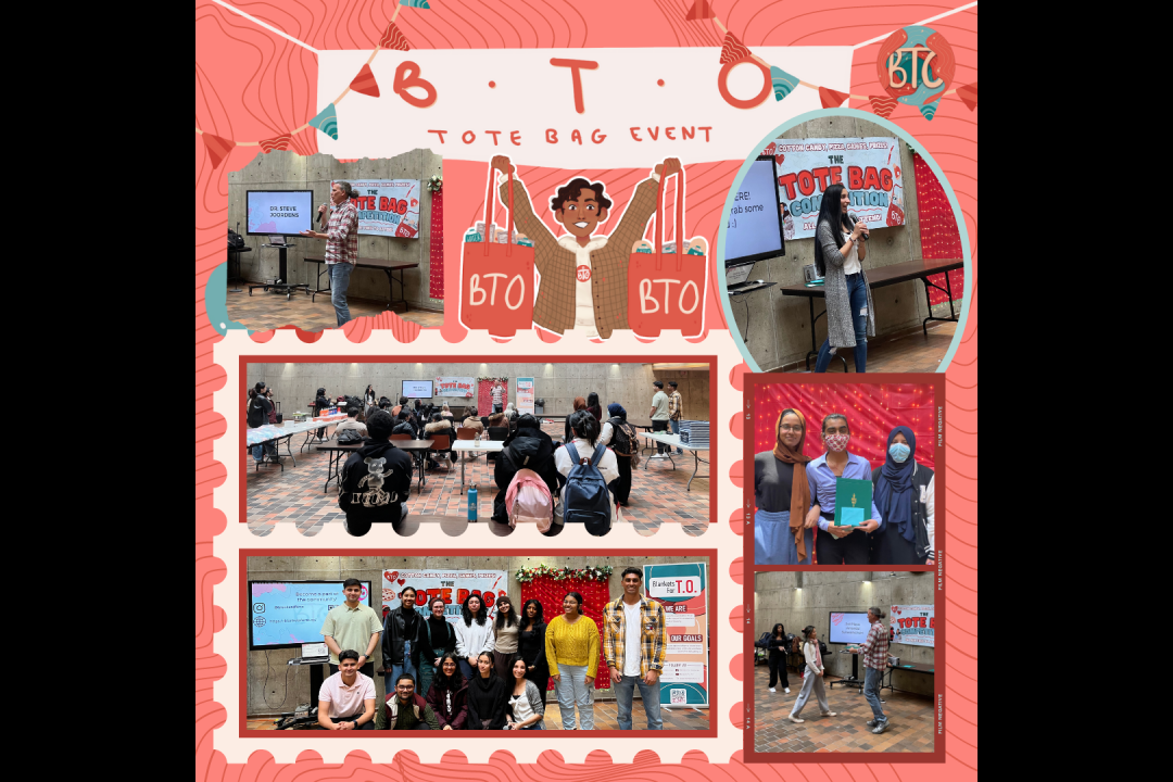 A collage of photos from the Tote Bag Competition, including Dr. Steve Joordens, the event winners, attendees, and the event team.