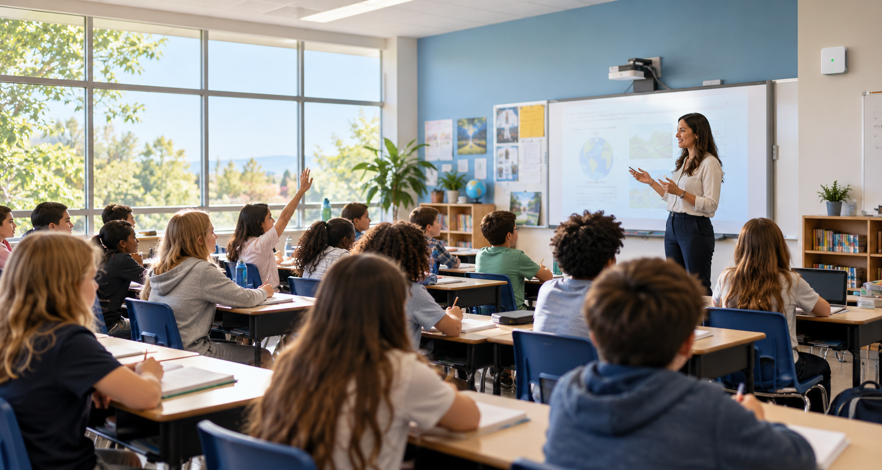 a classroom in full occupancy with a small wall-mounted sensor in frame, alt text "Classroom sensor supporting school indoor air quality monitoring during full occupancy."