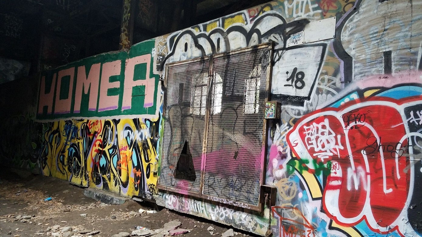 Tunnel with extensive, vibrant graffiti. Chain-link metal gate in centre, dark interior behind. Debris on the ground.