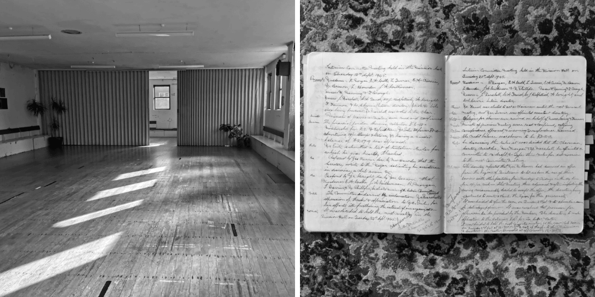 Empty hall wooden floor, light from windows spilling onto it. Lined exercise book with carefully written meeting minutes.