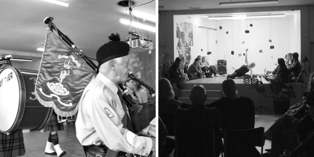 Elderly man in Scots kilt and beret plays bagpipes, drummer follows. Dancer performs in the centre of a small, crowded stage.