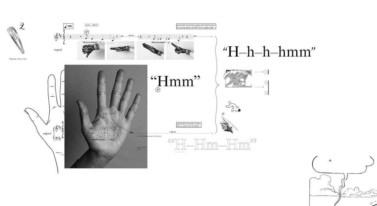 Graphic score of conventional musical notation, annotations of “hmm,” and images of hands.