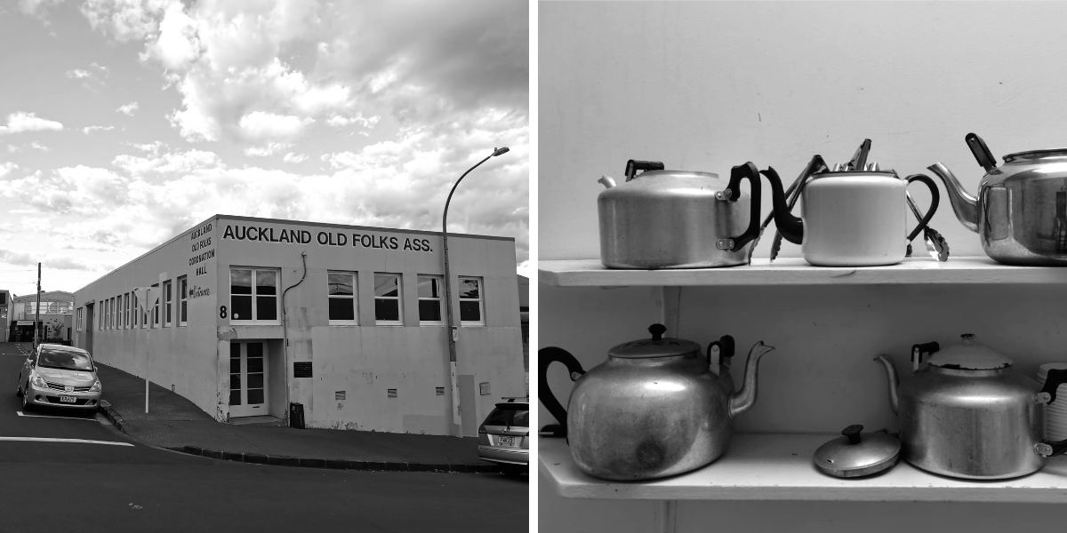 Sign on two-storey modernist building reads “Auckland Old Folks Ass.” Two shelves in kitchen lined with large shiny teapots.