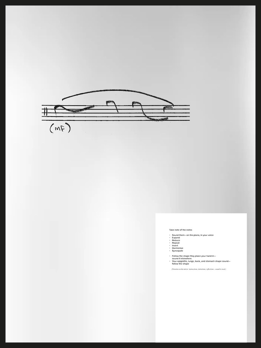 Image of handwritten note gestures on a five-line stave, with typed instructions pasted bottom right.