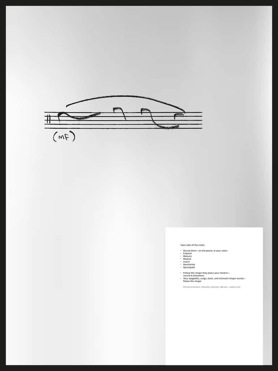 Image of handwritten note gestures on a five-line stave, with typed instructions pasted bottom right.