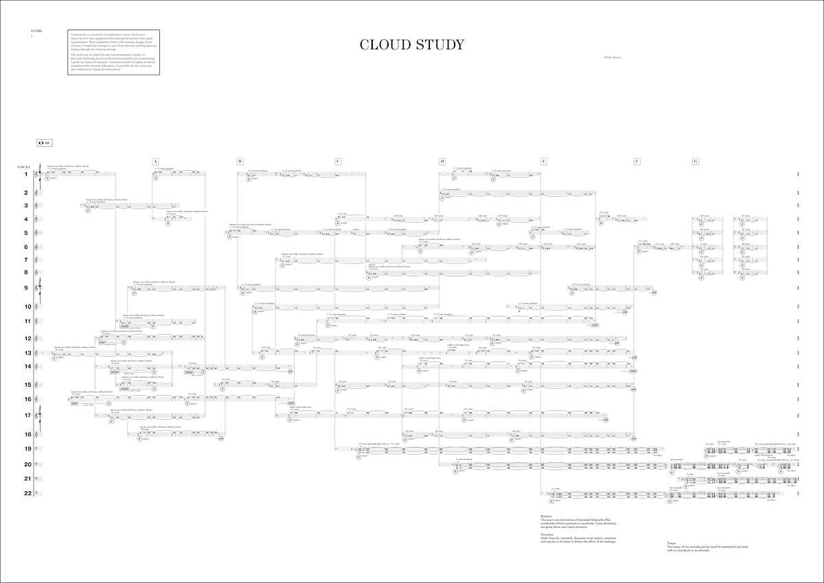 A dense musical score entitled “Cloud Study”, with instrumental parts creating the shape of a cloud.