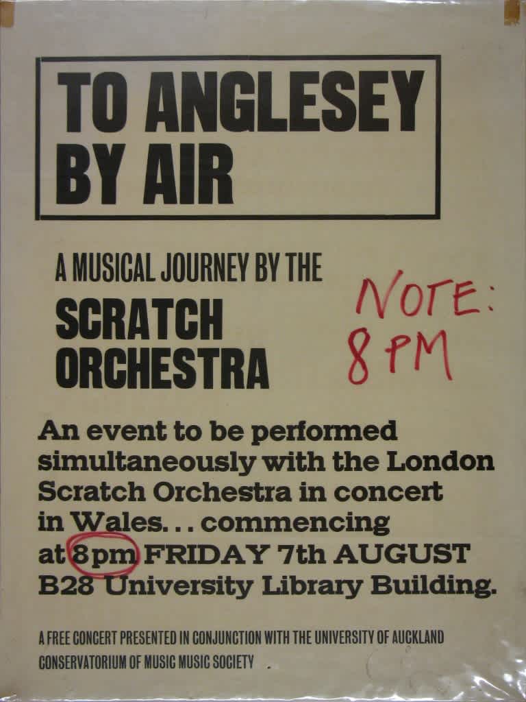 A text-only poster for To Anglesey by Air, a simultaneous performance by The Scratch Orchestra in both Auckland and Wales.
