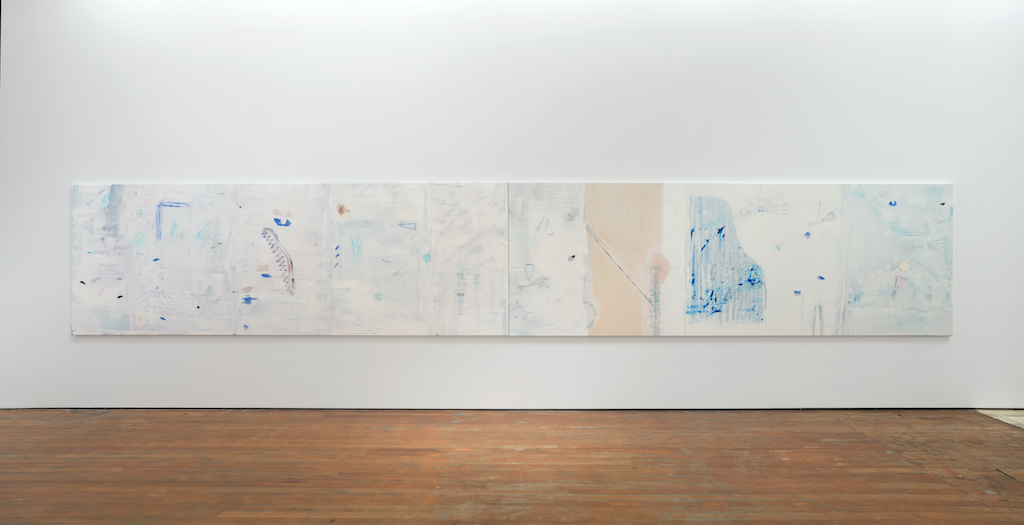 Pictured: Stella Corkery, Theme for a Science Fiction Vampire: breath on breathing 2017 (spray paint, oil paint, oil pastel, tea, varnish and collage elements on canvas, 1300 x 7500mm) Courtesy of the artist and Michael Lett, photograph by Alex North