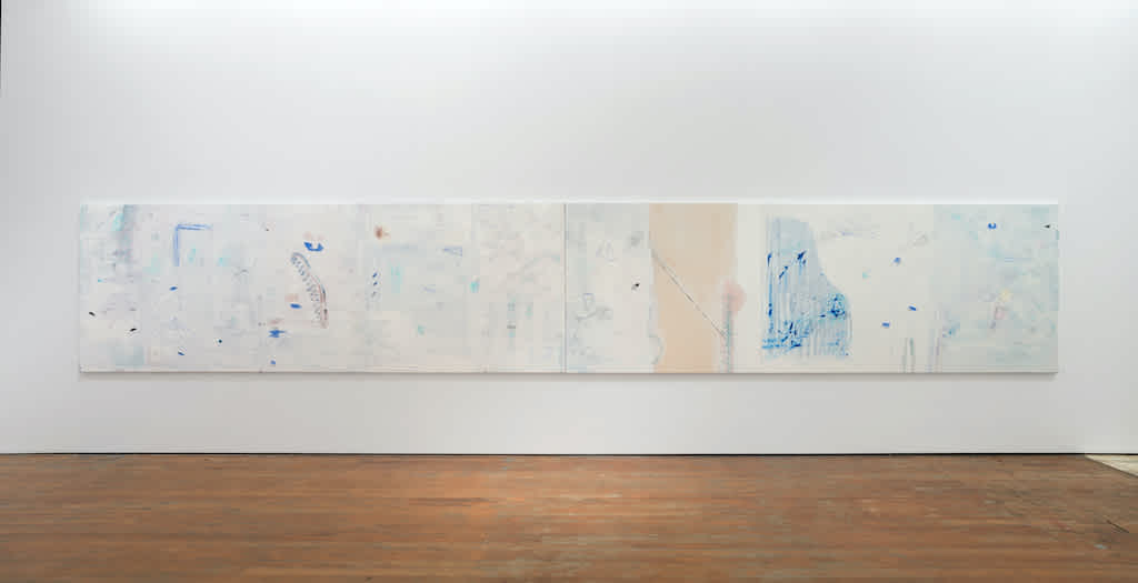 Pictured: Stella Corkery, Theme for a Science Fiction Vampire: breath on breathing 2017 (spray paint, oil paint, oil pastel, tea, varnish and collage elements on canvas, 1300 x 7500mm) Courtesy of the artist and Michael Lett, photograph by Alex North