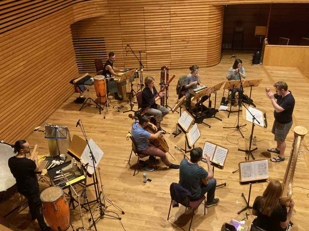 Pictured: Octandre Ensemble recording Frank Denyer’s Screens, released November 2023. Photograph by Christian Mason