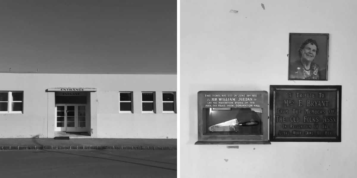 Doorway with “Entrance” written above, concrete single story building. Wooden case silver trowel, brass plaque, framed photo.