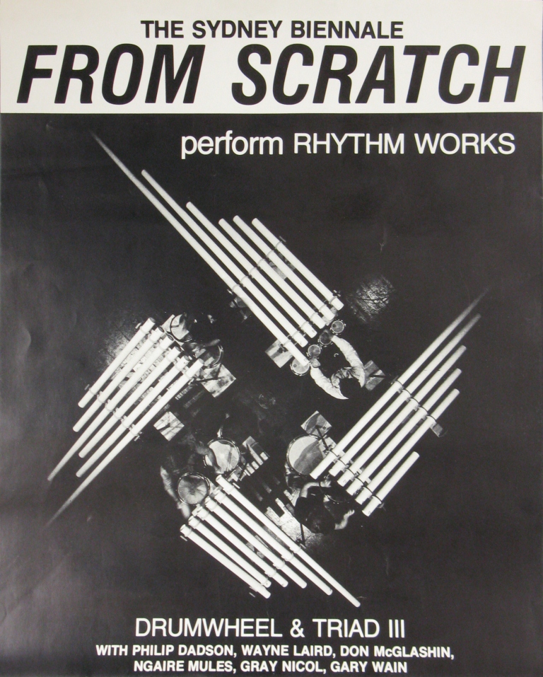 Poster for a Sydney Biennale performance of Rhythm Works by From Scratch with an image of geometrically arranged instruments.