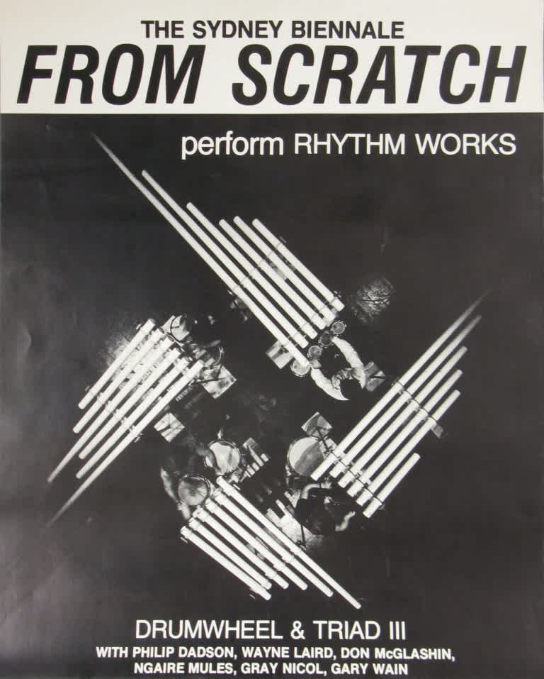 Poster for a Sydney Biennale performance of Rhythm Works by From Scratch with an image of geometrically arranged instruments.