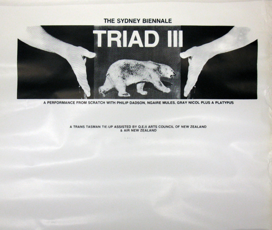Poster for a Sydney Biennale performance of Triad III by From Scratch with an image of a bear and a pair of hands.