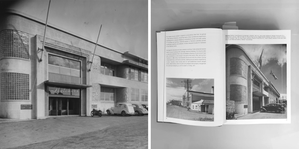  A modernist industrial building. An image of an open book with pictures of two buildings. 