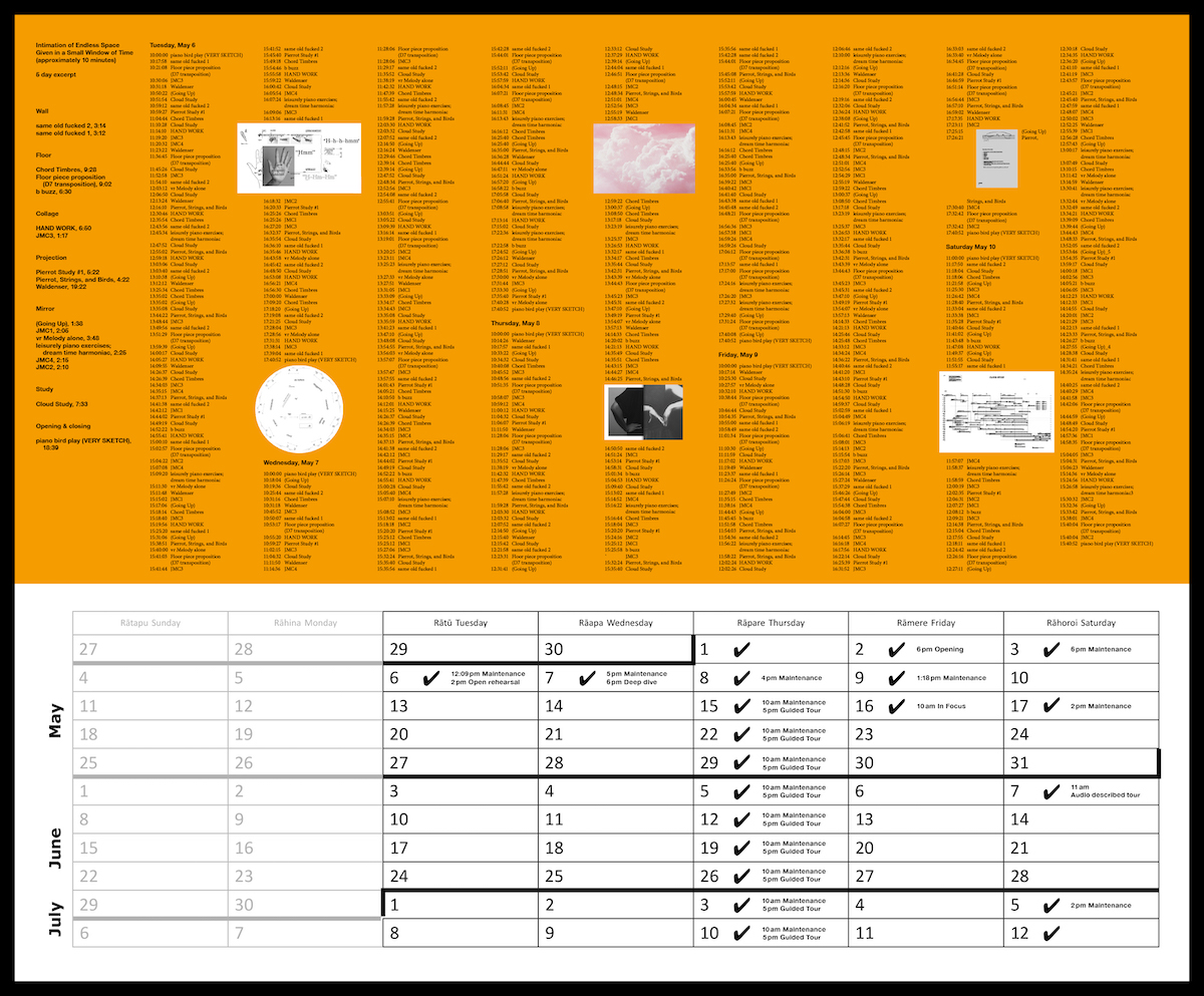 A calendar of the exhibition including dates, runtimes of the sound installation and events. Some score images pasted on top.