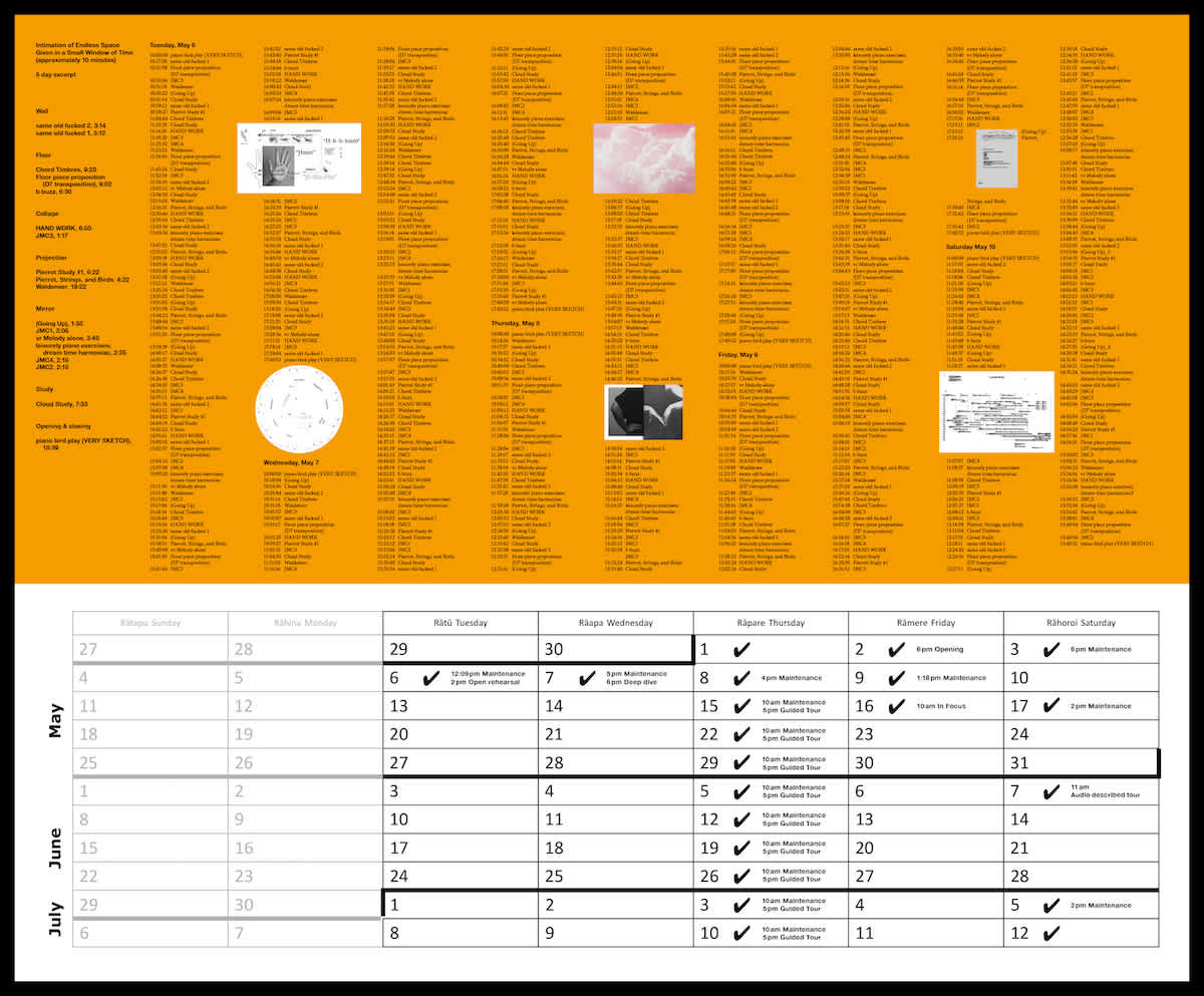 A calendar of the exhibition including dates, runtimes of the sound installation and events. Some score images pasted on top.