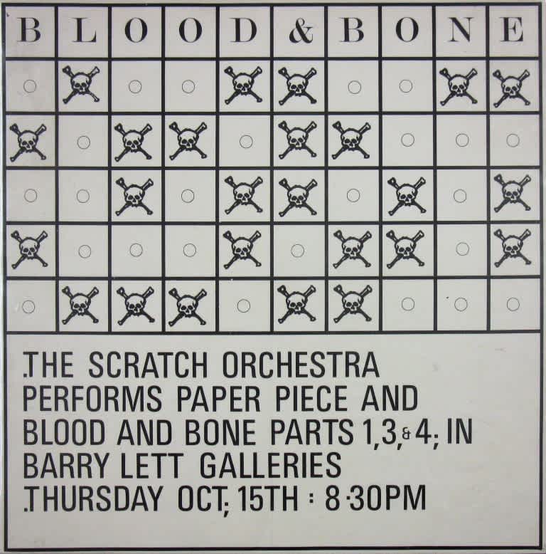 Poster for a Scratch Orchestra performance of Blood and Bone, featuring a grid of alternating skulls/crossbones, and circles.