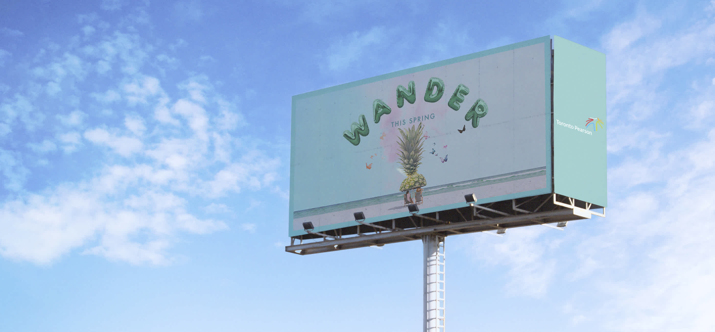 A mockup of the GTAA March Break Campaign cover on a billboard with bubble letters of the word "Wander" and a collage of beachgoers under a pineapple