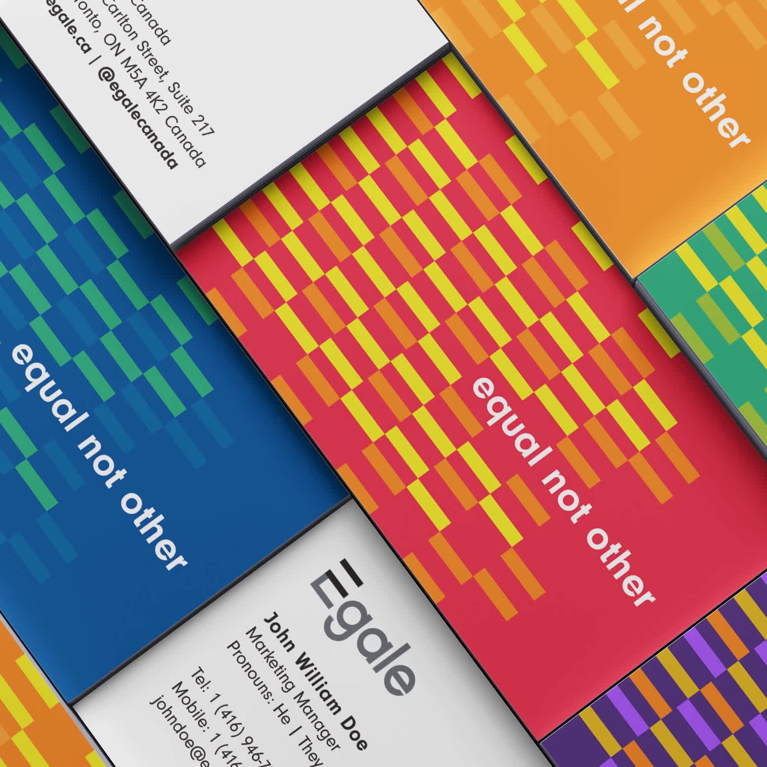 A mock-up of EGALE's Business Cards with a brand new word mark and vibrant colours.